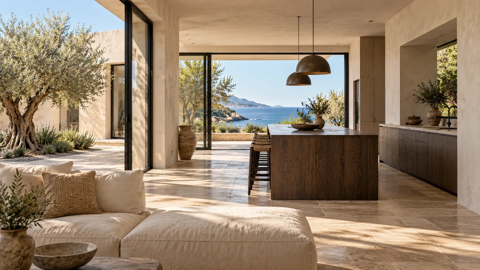 Fictional villa kitchen with a sea view