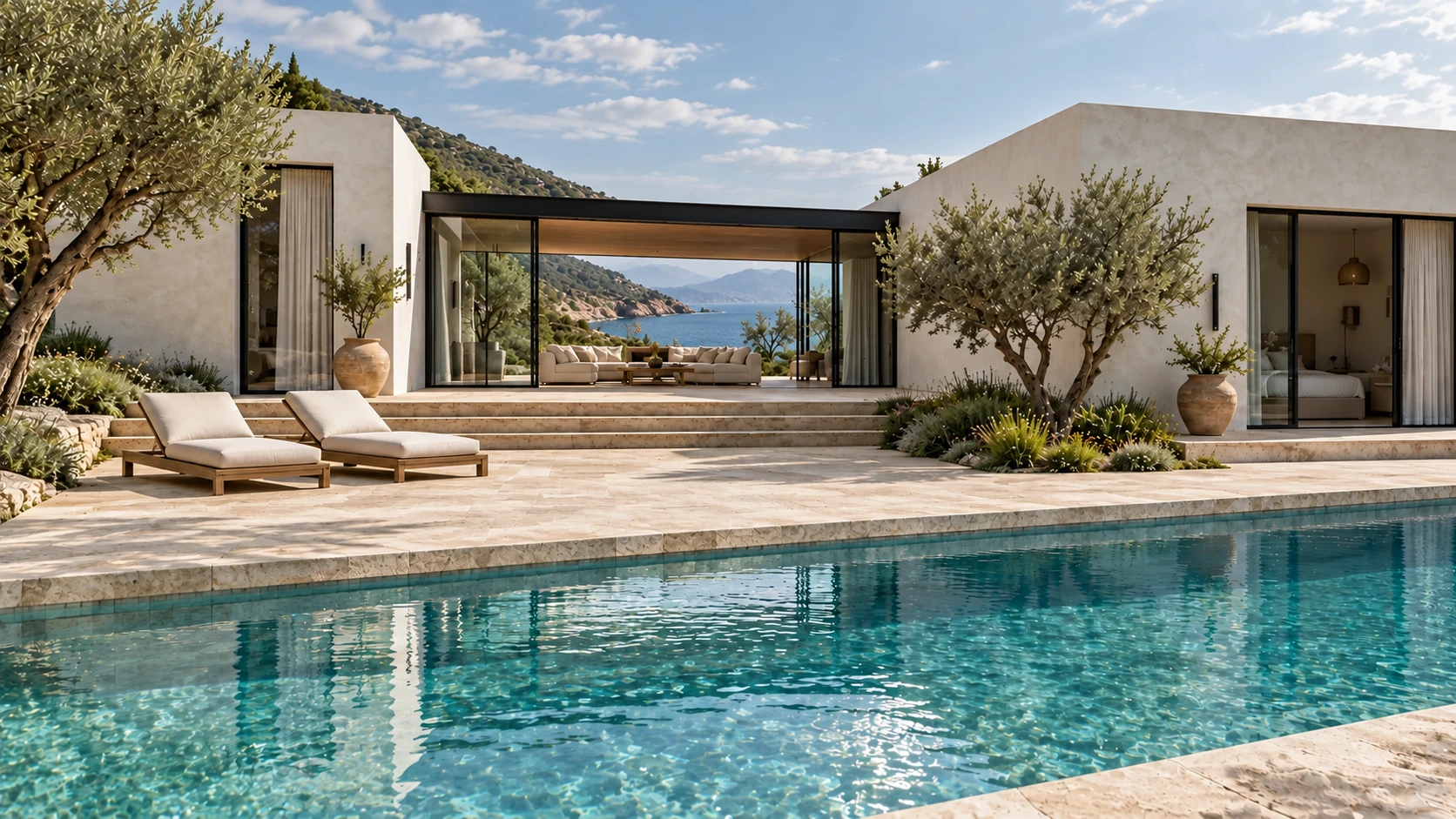 Fictional villa pool and front facade