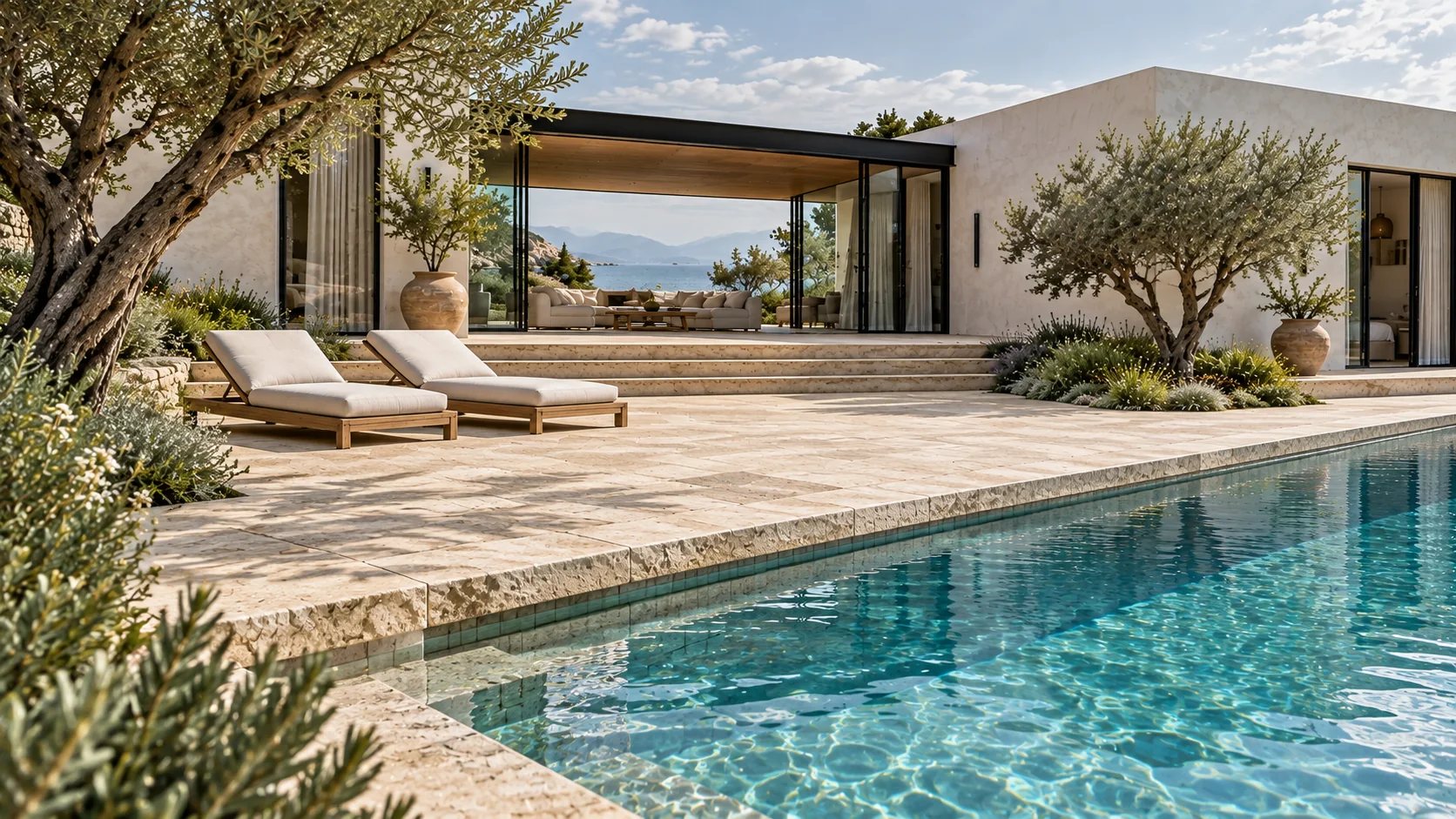 Fictional villa terrace and pool edge